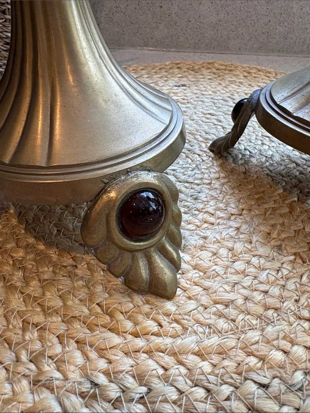 Pair of Vintage Brass Candlesticks Leaf Footed w/ Ruby Colored Gemstone
